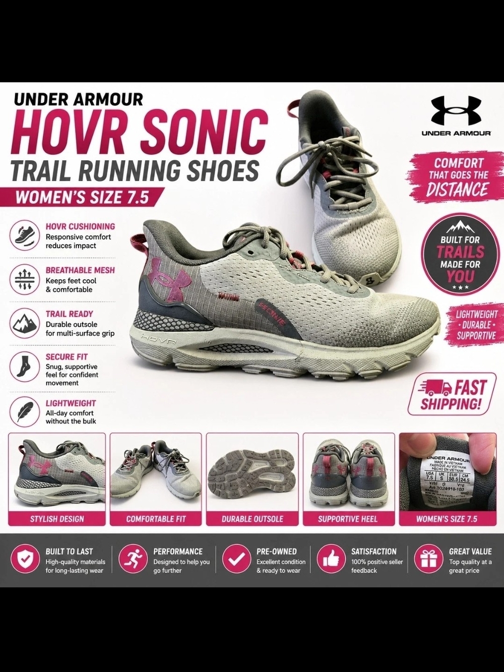 Under Armour HOVR Sonic Trail Running Shoes Gray Pink Women's Size 7.5